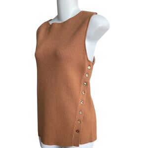 Greige Camel Ribbed Sleeveless Sweater Top Vest Side Buttons Woman's Med NWT